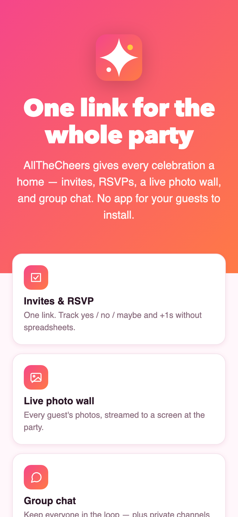 One link for the whole party — guests never install an app.